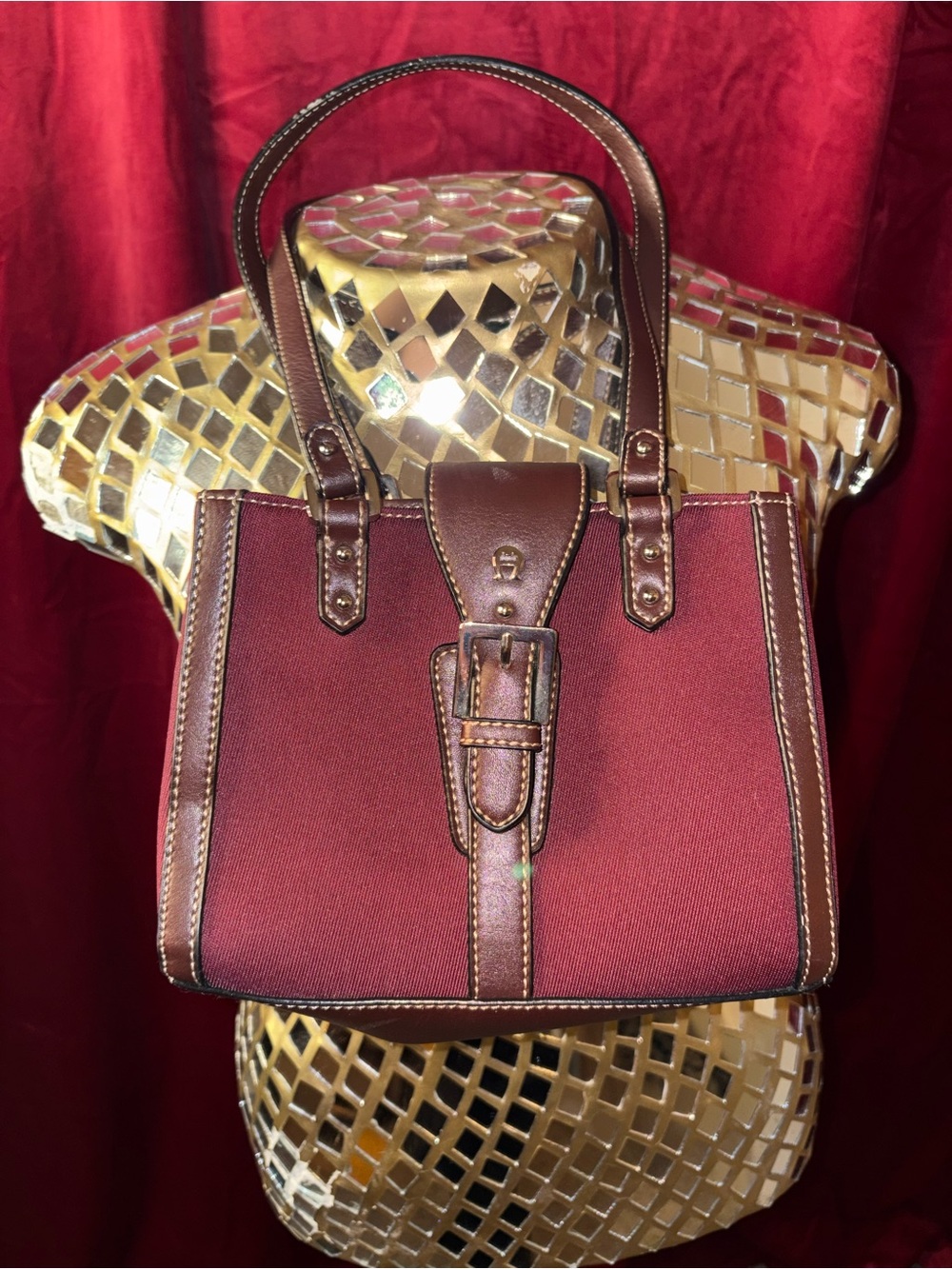 Etienne Aigner Burgundy Mini Satchel with Brown Trim - Picture 2 of 5